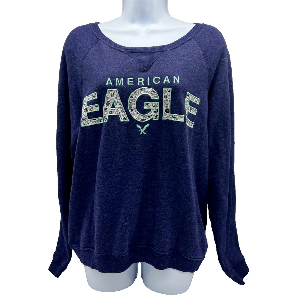 2014 American Eagle Navy Mint Green Embroidered Scoop Neck Sweatshirt L‎ Soft